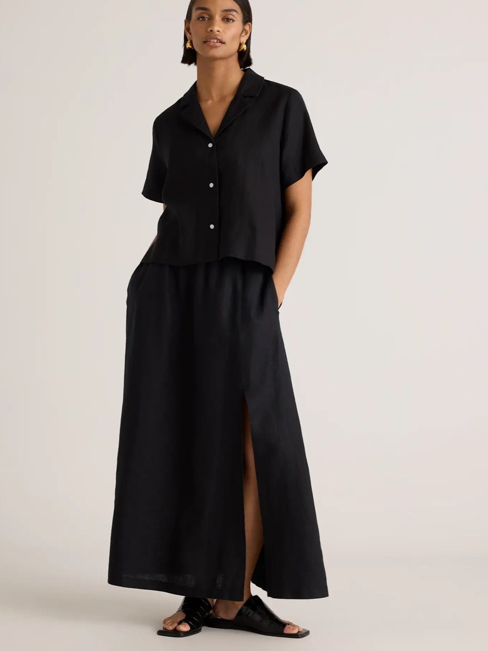 Quince 100% European Linen Maxi Skirt Side Slit Black Sz M